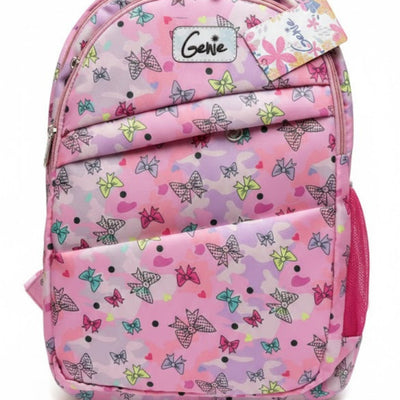 Pink backpack with butterfly pattern on a white background