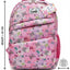 Pink backpack with butterfly pattern and measurements on a white background