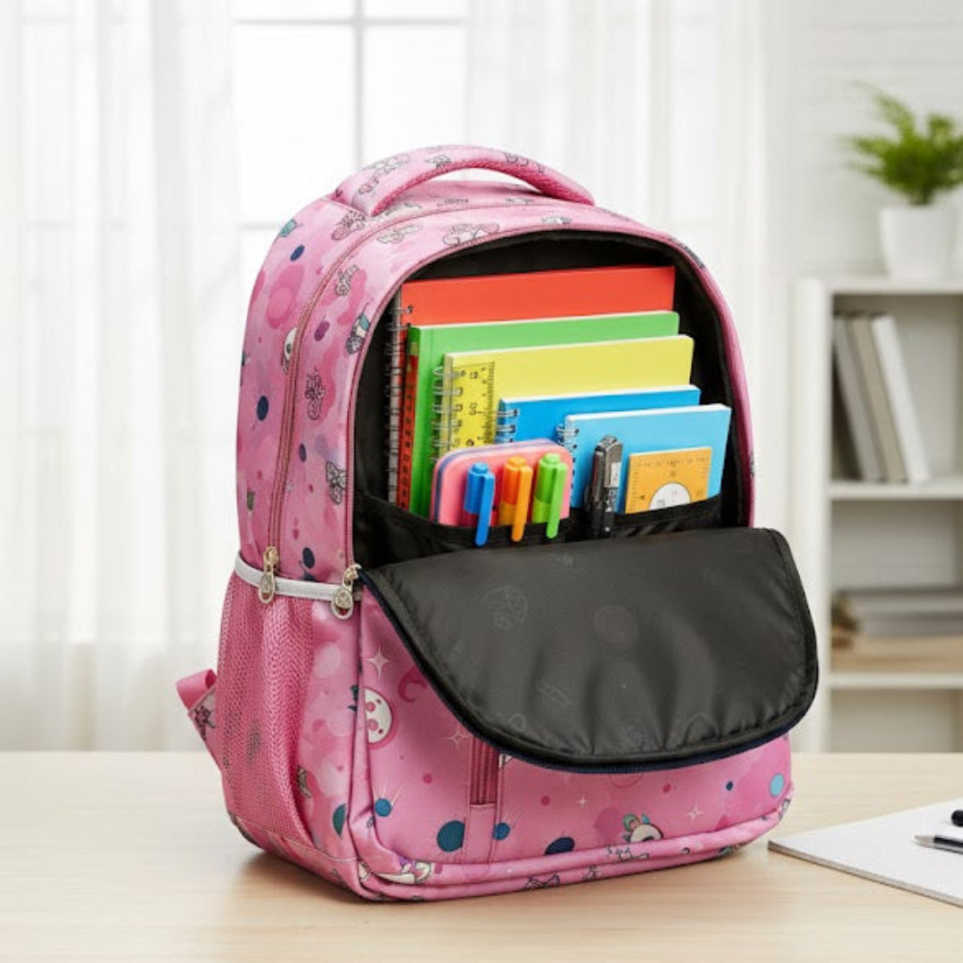 Pink backpack with colorful books on a wooden table