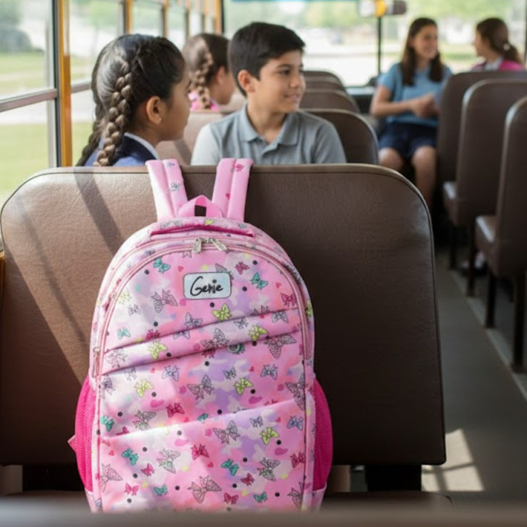 Child with a pink backpack on a school bus