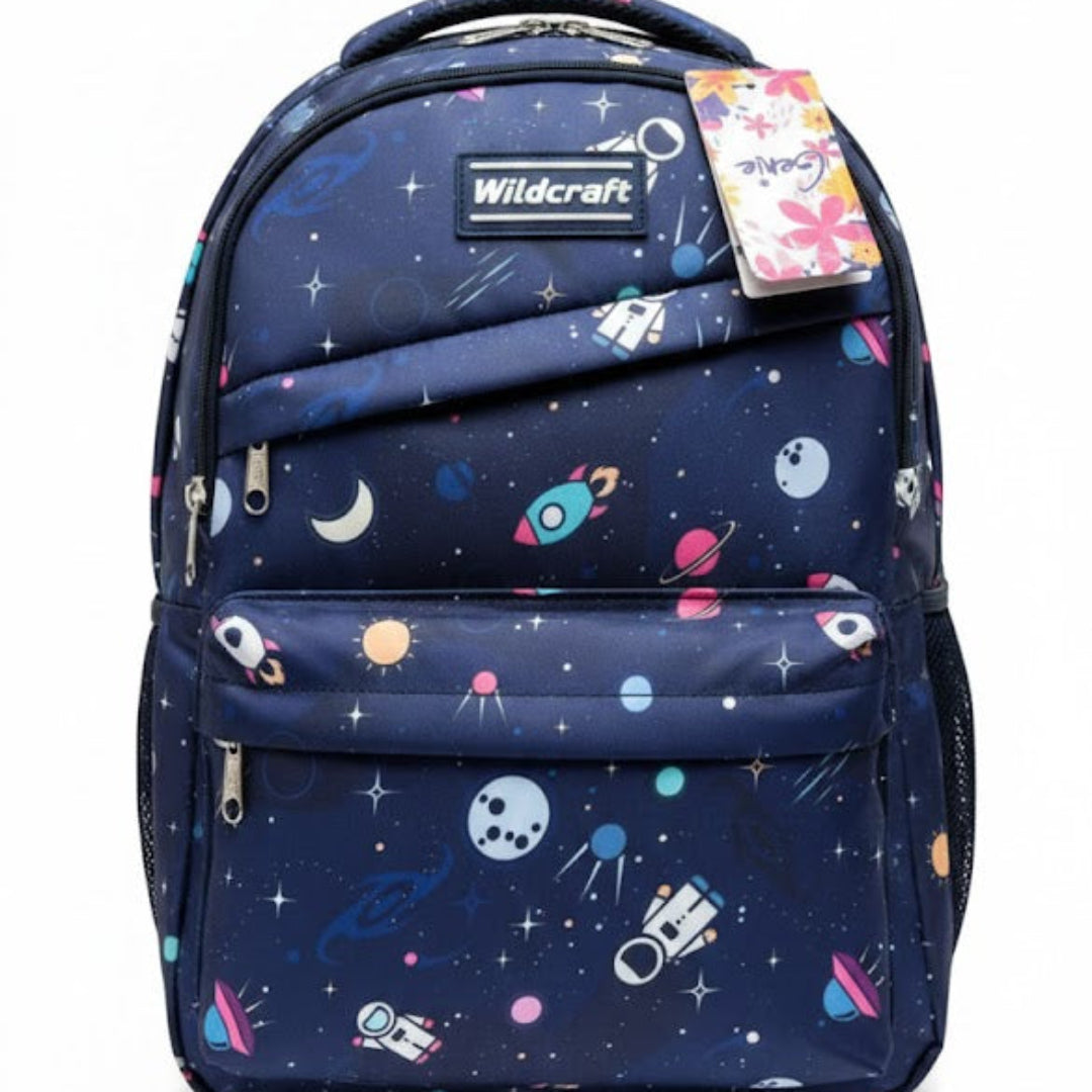 Navy blue backpack with space-themed design and Wildcraft tag on a white background