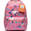 Pink backpack with floral patterns and a visible brand tag on a white background