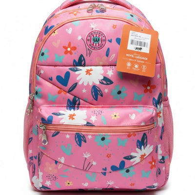 Pink backpack with floral patterns and a visible brand tag on a white background