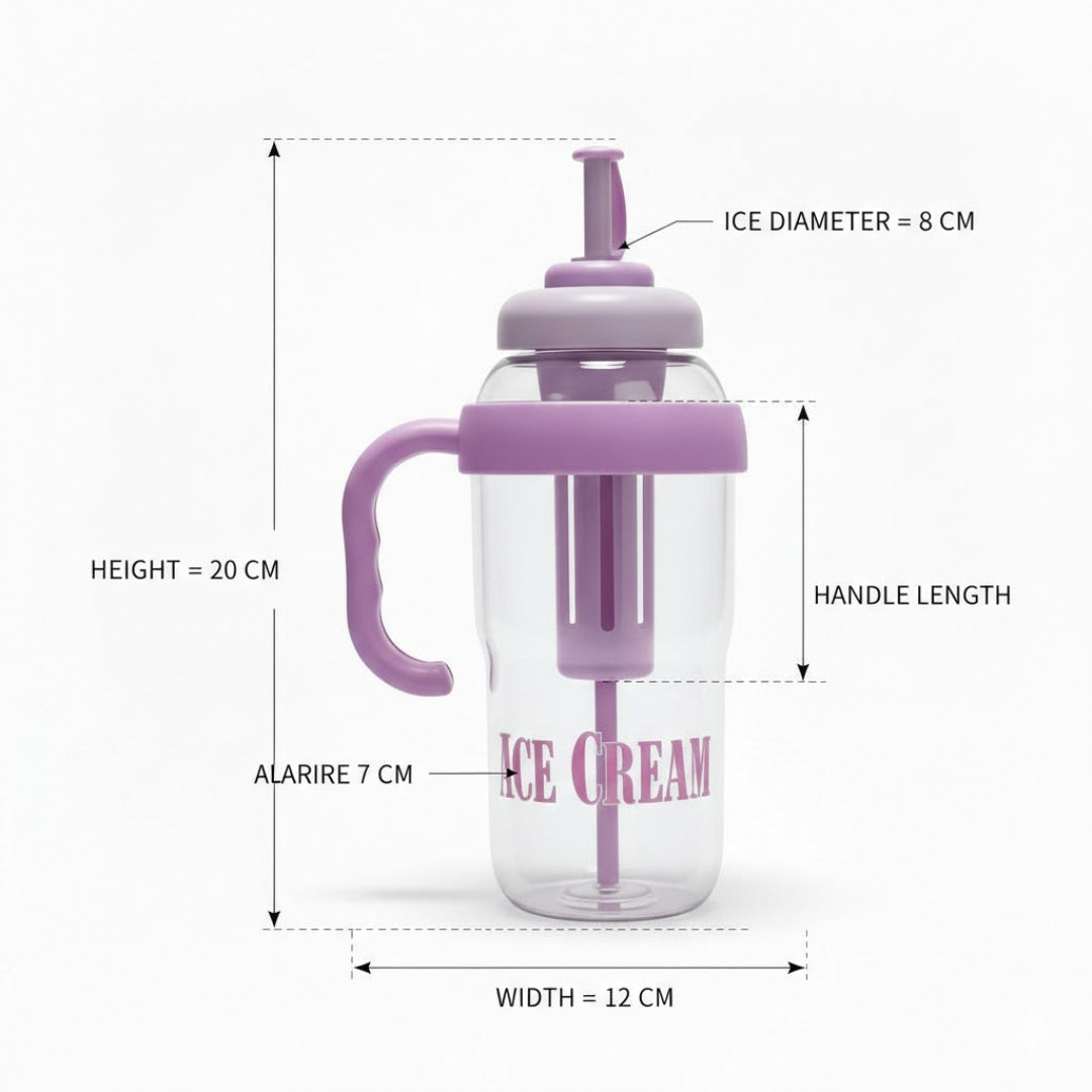 Measurement chart of a glass ice cream container with purple handle and lid on a white background