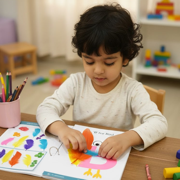 Child playing with educational materials at a table in a classroom setting