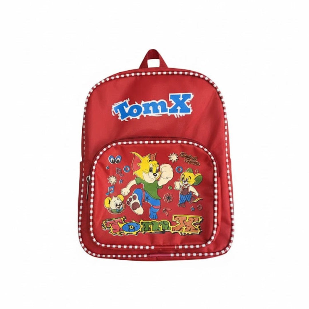 Kids' red multi-compartment school bag with fun cartoon graphics and ergonomic straps